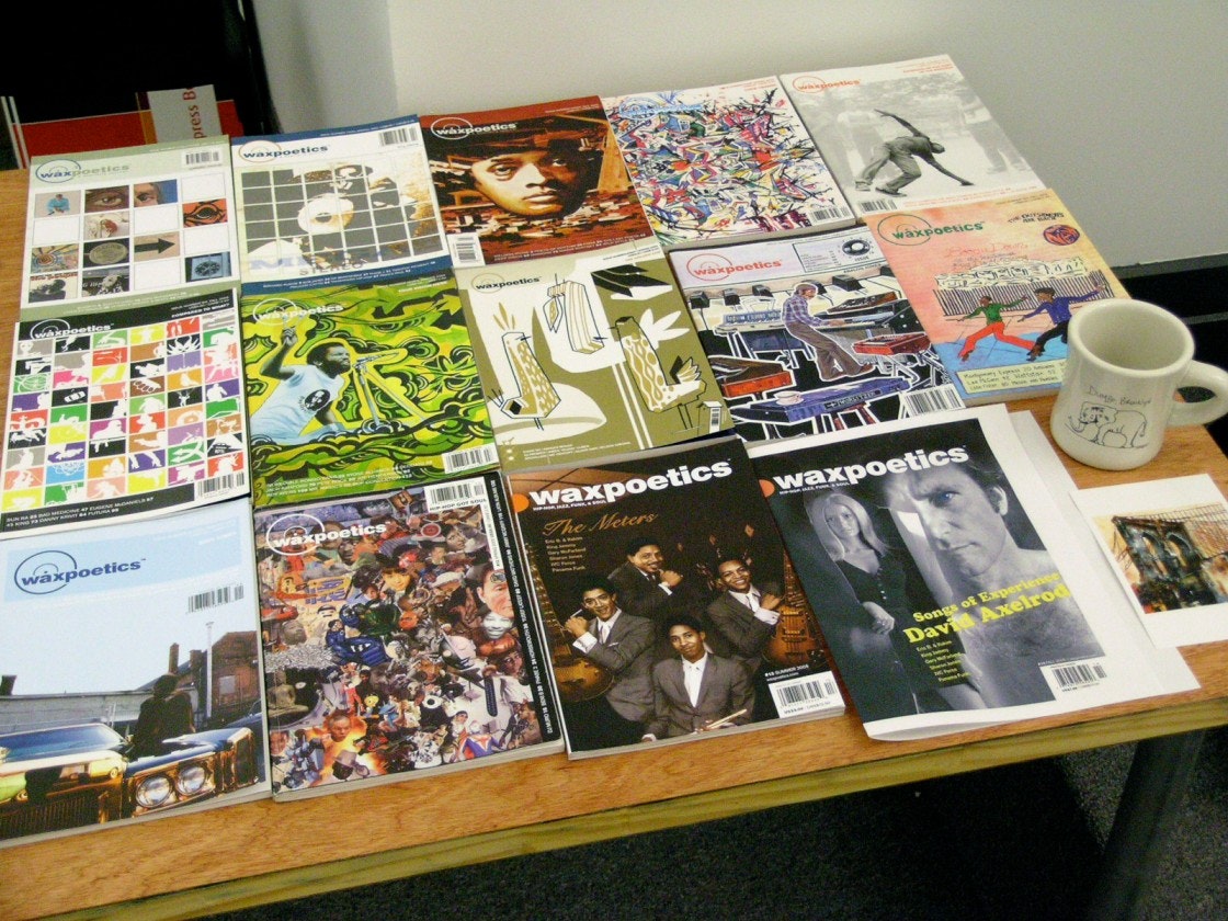 Table of contents: Issues 1 through 13, with the first mock-up of the David Axelrod cover for Issue 14. Brooklyn, New York, Wax Poetics office, September 2005.